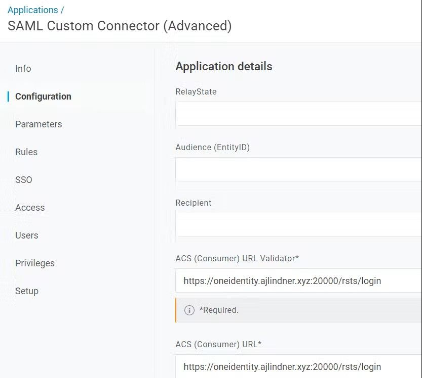 SAML Custom Connector Configuration Tab